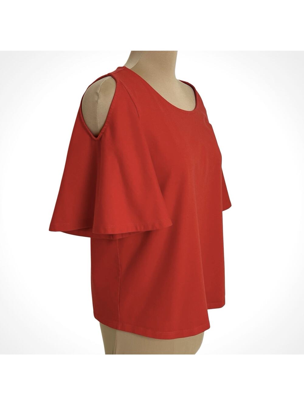 Lauren Ralph Lauren Cotton Knit Top XL Cold Shoulder Flutter Sleeve Red Casual